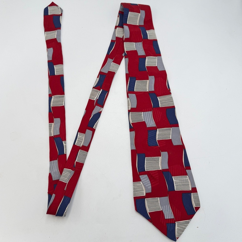 John Henry Mens Silk Tie Red Blue Grey Geometric Abstract Vintage Made in‎ USA - Picture 3 of 13